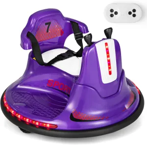 Costzon 12V Kids Ride On Bumper Car, Electric Bumper Car w/Dual Joysticks, Remote Control, 360° Spin, Slow Start Function, LED Lights & Fun Music, Adjustable Safety Belt, Soft Bumper (Purple)