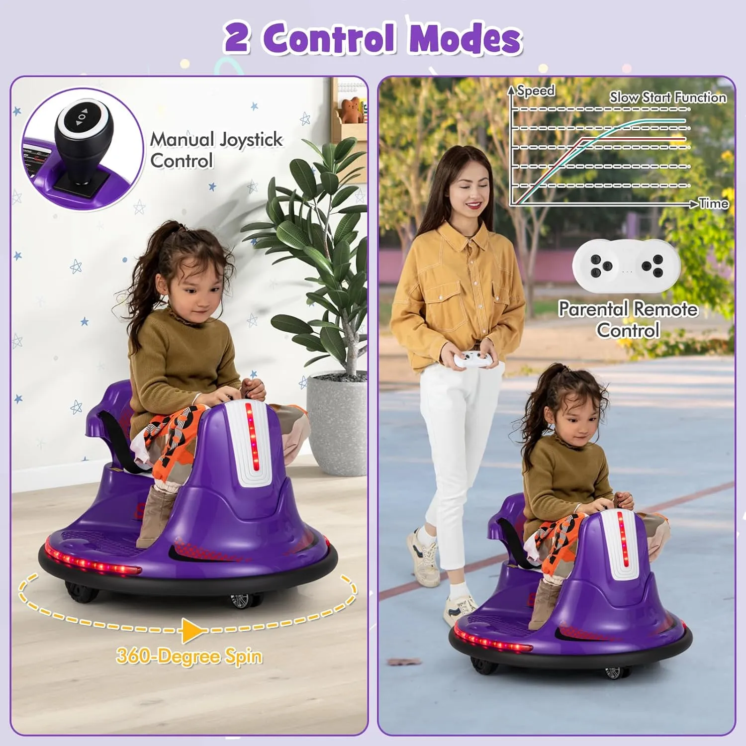 Costzon 12V Kids Ride On Bumper Car, Electric Bumper Car w/Dual Joysticks, Remote Control, 360° Spin, Slow Start Function, LED Lights & Fun Music, Adjustable Safety Belt, Soft Bumper (Purple)