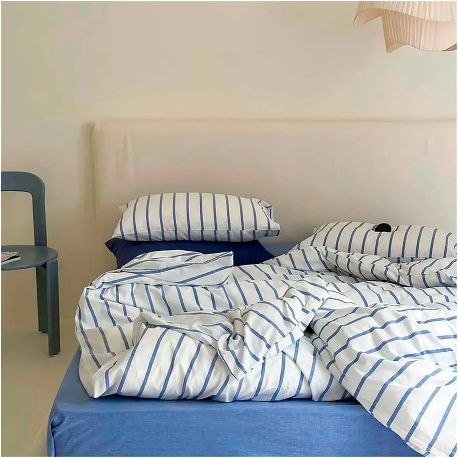 Cotton Duvet Cover Set Yarn Dyed Vertical Striped Bedding Comforter Cover Bed Sheet Pillowcases Washed Breathable Bedding(B,Twin)