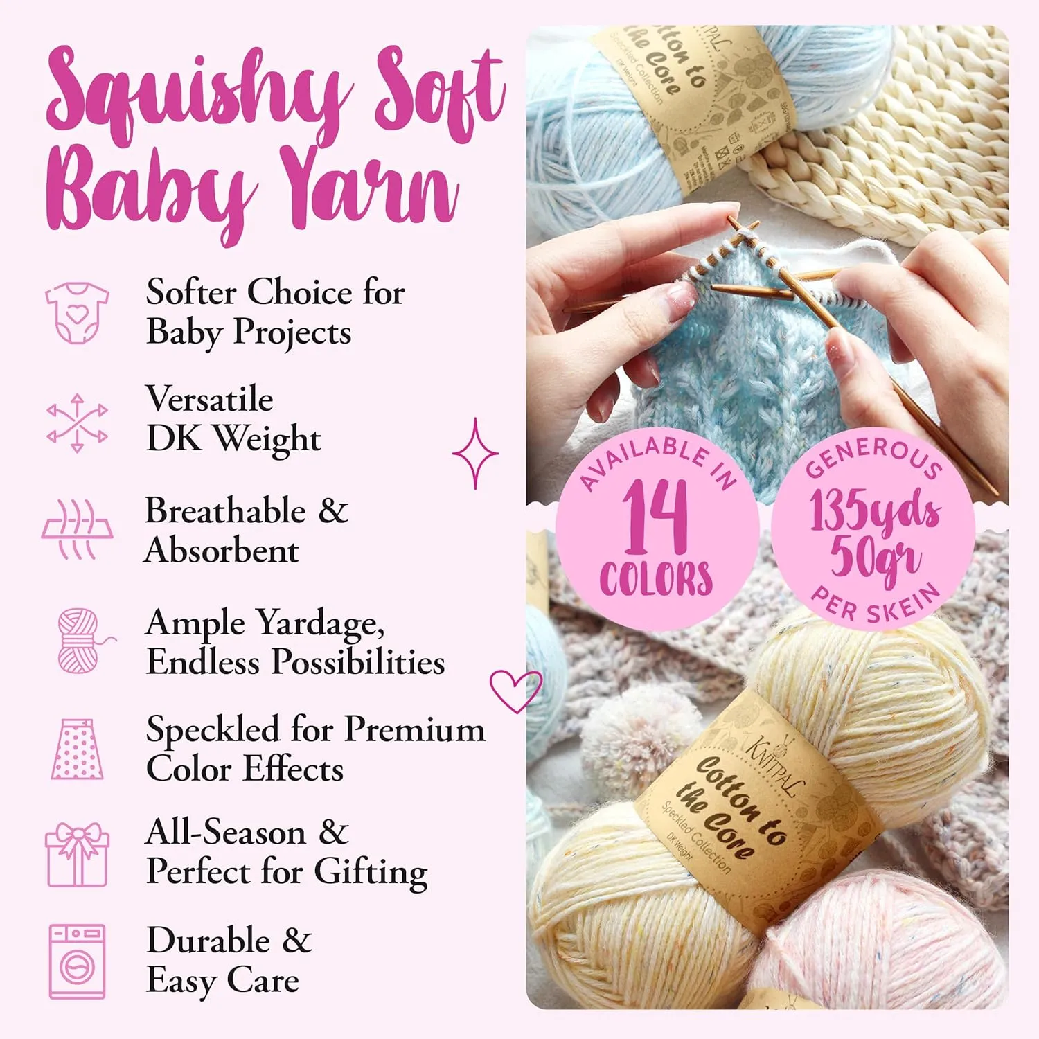 Cotton to The Core Speckled Soft Baby Yarn for Crocheting, 6 Skeins, 810Yds/300G, Free Patterns - Size 3 DK Light Worsted Weight Cotton Yarn for Knitting - Frosted Blueberry
