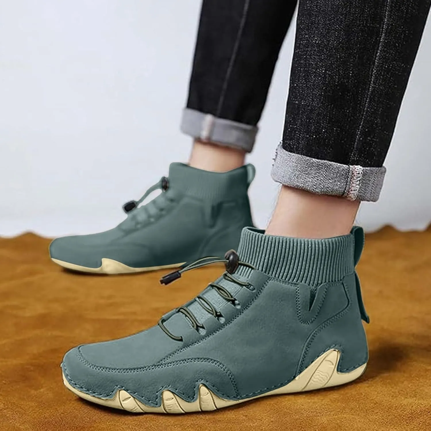 Couple's High Top Casual Shoes Casual Leather Water Proof Boots Splicing Leather Shoes Soft Soled Semi Casual Shoes Men