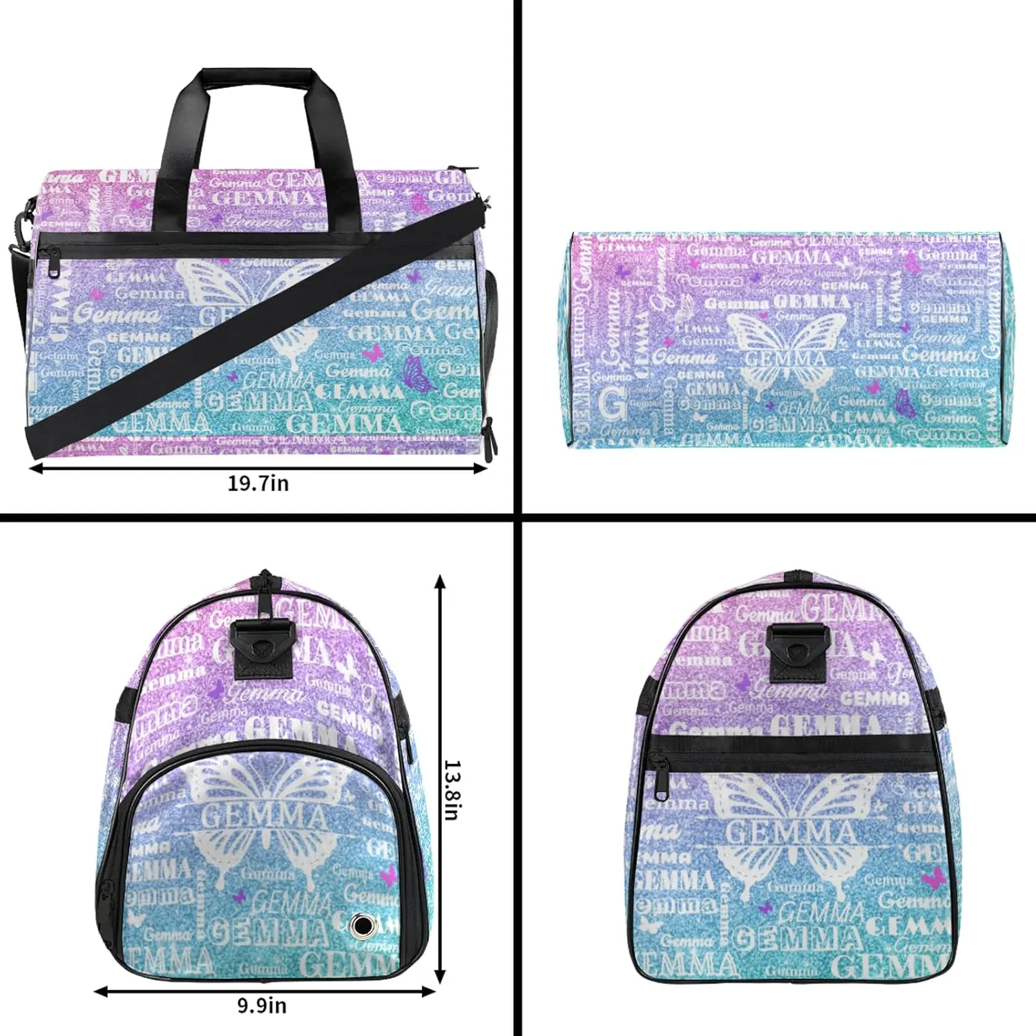 Custom Sport Duffel Bag with Name Butterfly Travel Overnight Bag with Shoes Compartment for Women Men Waterproof Dance Ballet Bag Lightweight, Gradient Blue