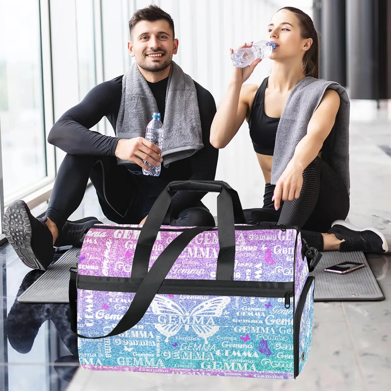 Custom Sport Duffel Bag with Name Butterfly Travel Overnight Bag with Shoes Compartment for Women Men Waterproof Dance Ballet Bag Lightweight, Gradient Blue