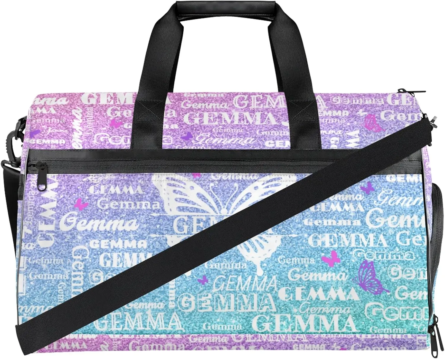 Custom Sport Duffel Bag with Name Butterfly Travel Overnight Bag with Shoes Compartment for Women Men Waterproof Dance Ballet Bag Lightweight, Gradient Blue