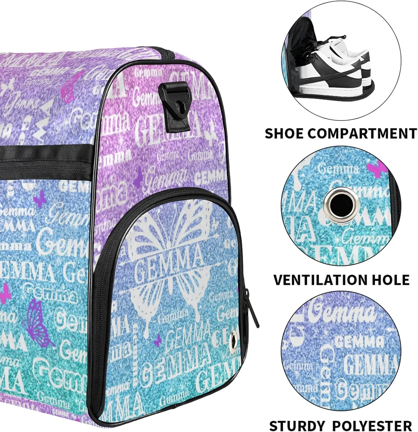 Custom Sport Duffel Bag with Name Butterfly Travel Overnight Bag with Shoes Compartment for Women Men Waterproof Dance Ballet Bag Lightweight, Gradient Blue