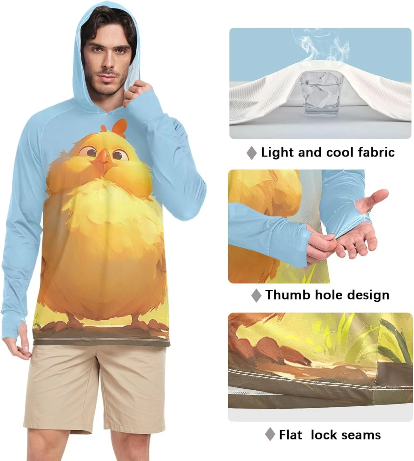 Cute Cartoon Chicken Sun Shirts Hoodies for Men Long Sleeve Sailing Shirts UPF 50  Golf Shirt S
