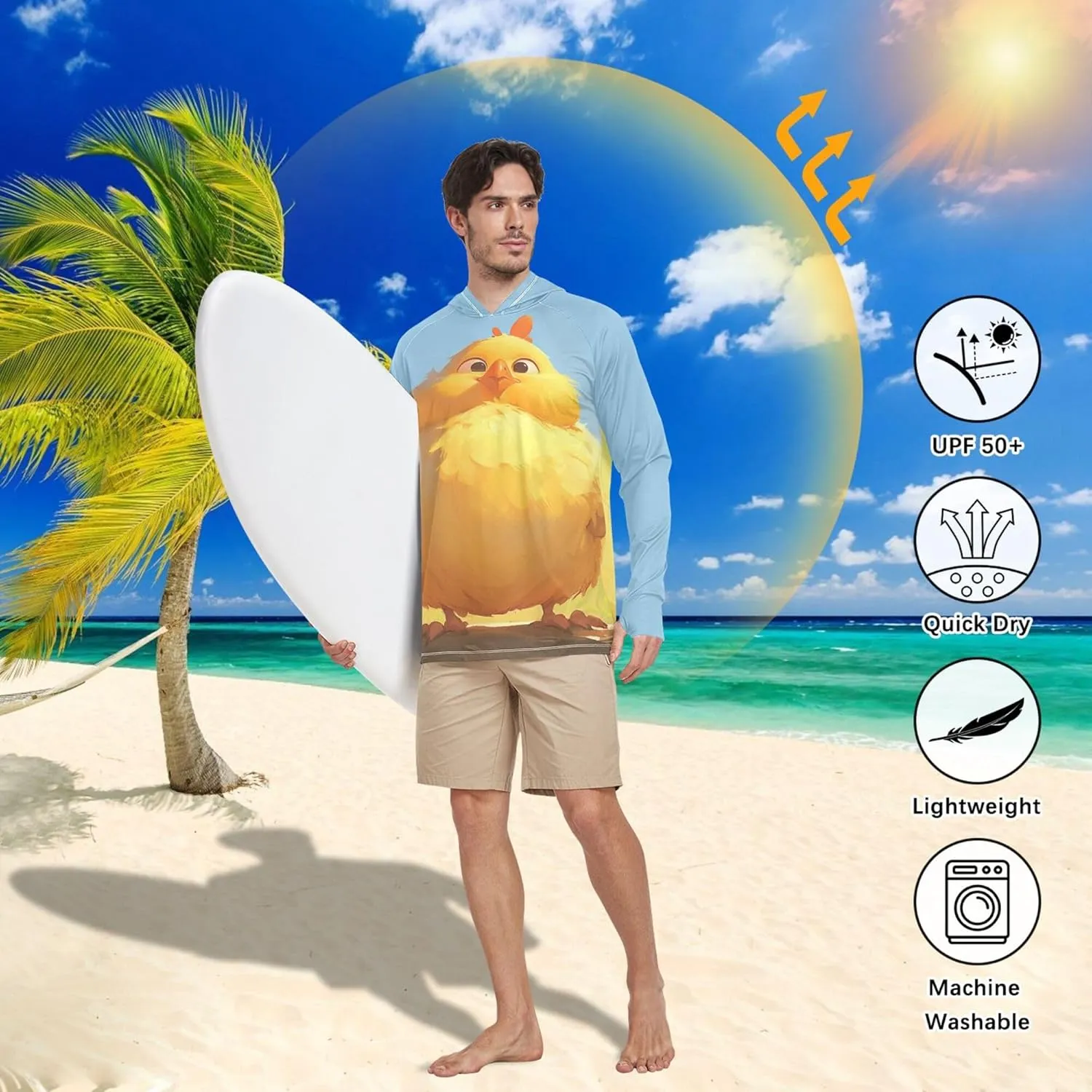 Cute Cartoon Chicken Sun Shirts Hoodies for Men Long Sleeve Sailing Shirts UPF 50  Golf Shirt S