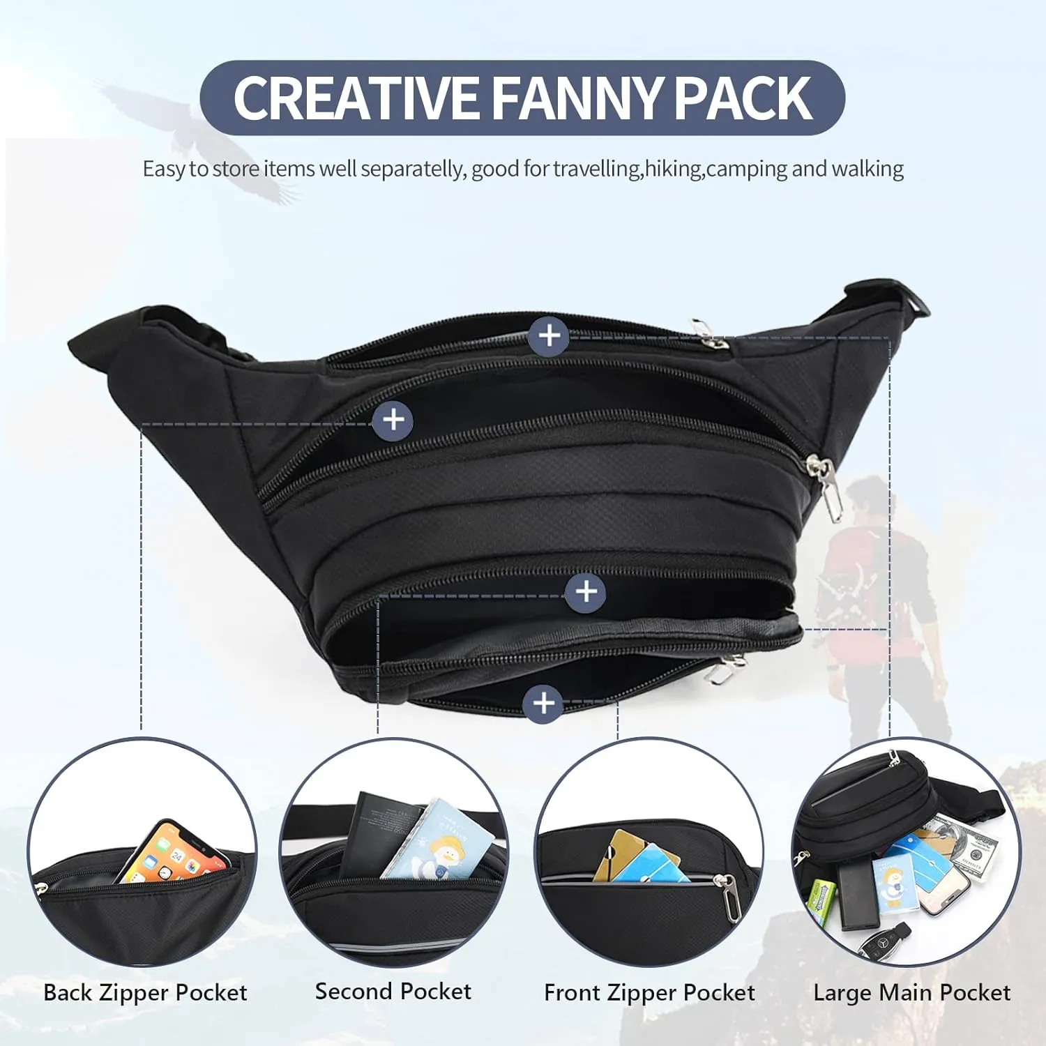 DAITET Crossbody Fanny Pack for Men&Women,Large Waist Bag & Hip Bum Bag with Adjustable Strap for Outdoors Workout Traveling Casual Running Hiking Cycling