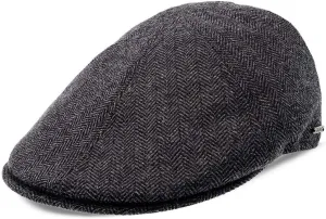 Dark Gray Luxe Checkmate Duckbill Flat Cap – Classic Herringbone Design – Suede Underside & Cotton Liner for All-Day Comfort