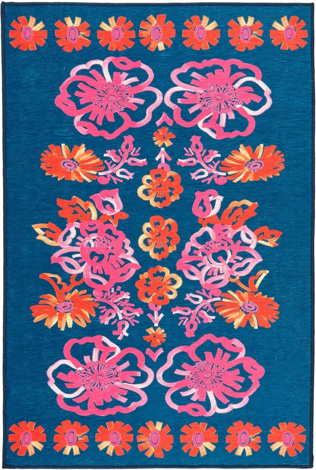 Dash & Albert x Frances Valentine Graphic Gerbera Fuchsia Machine Washable Rug, 5 X 8 Feet, Multi Floral Pattern