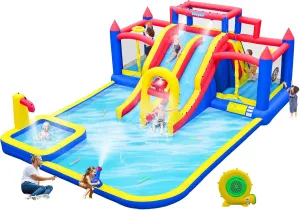 Deluxe Large Inflatable Water Slide for Big Kids, 20.5 ft L x 16.4 ft W x 7.6 ft H Water Bounce House, Outdoor Blow Up Pool, Climbing Wall, Basketball Hoop, Throw Ball Game, with 950W Blower
