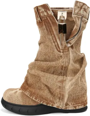 Denim Boots with Zipper Metal Lock for Women,Fashion Vintage Women's Round Toe Blue Jeans Mid Calf Chunky Platform Booties Chunky Long Boots Padlock Boots with Side Zipper Western Cowboy fold Denim Trouser Thigh High Boots