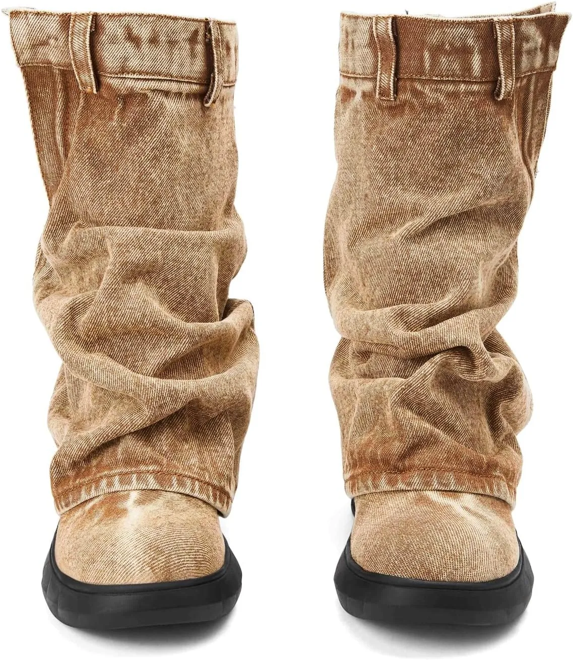 Denim Boots with Zipper Metal Lock for Women,Fashion Vintage Women's Round Toe Blue Jeans Mid Calf Chunky Platform Booties Chunky Long Boots Padlock Boots with Side Zipper Western Cowboy fold Denim Trouser Thigh High Boots