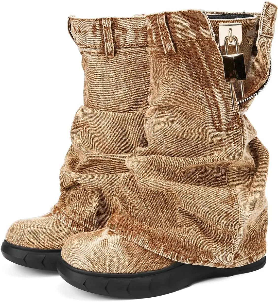 Denim Boots with Zipper Metal Lock for Women,Fashion Vintage Women's Round Toe Blue Jeans Mid Calf Chunky Platform Booties Chunky Long Boots Padlock Boots with Side Zipper Western Cowboy fold Denim Trouser Thigh High Boots