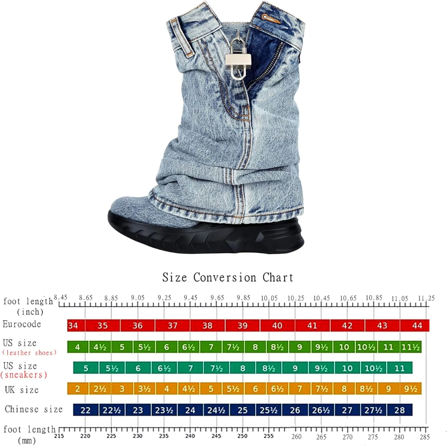Denim Boots with Zipper Metal Lock for Women,Fashion Vintage Women's Round Toe Blue Jeans Mid Calf Chunky Platform Booties Chunky Long Boots Padlock Boots with Side Zipper Western Cowboy fold Denim Trouser Thigh High Boots
