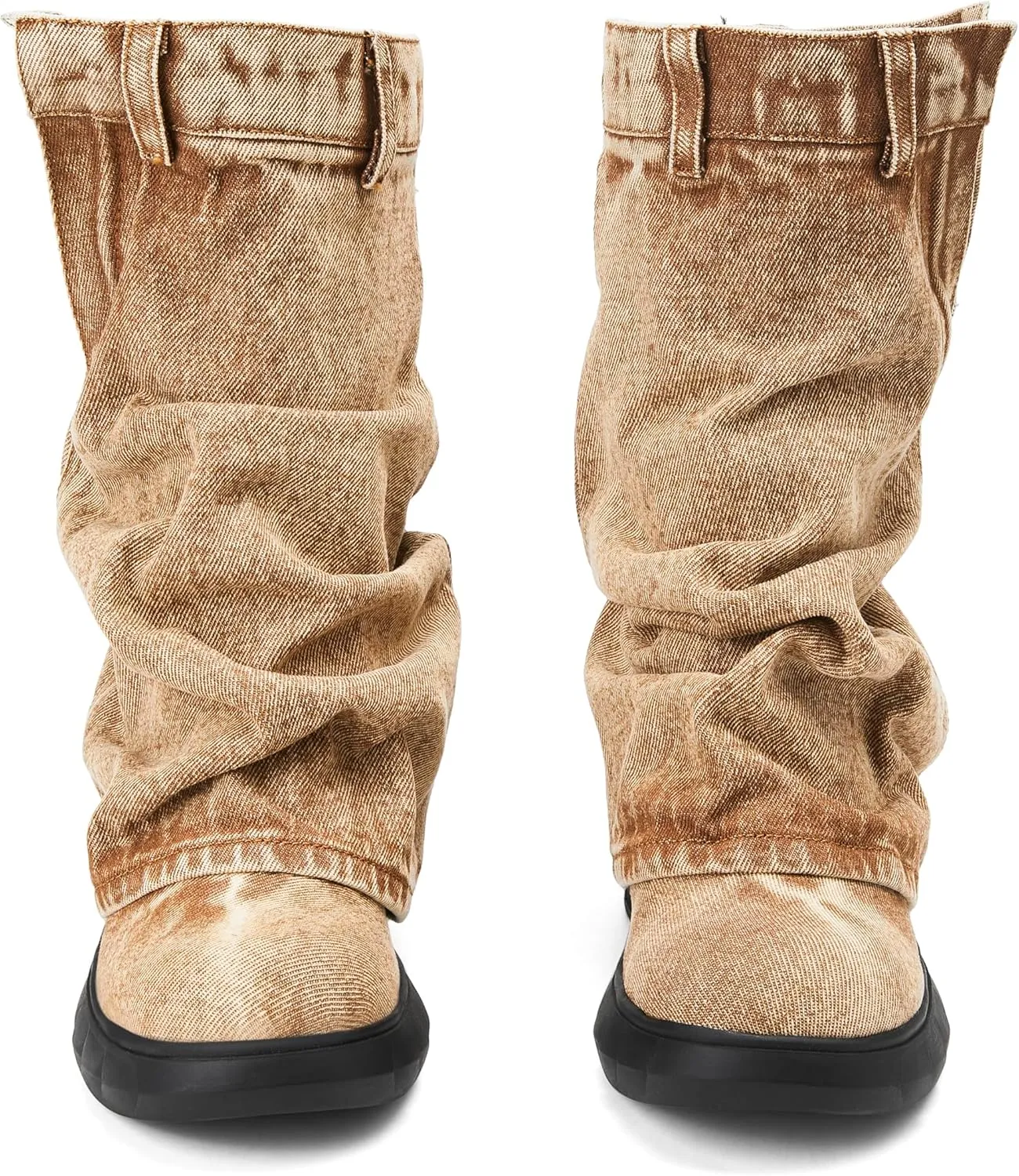 Denim Boots with Zipper Metal Lock for Women,Fashion Vintage Women's Round Toe Blue Jeans Mid Calf Chunky Platform Booties Chunky Long Boots Padlock Boots with Side Zipper Western Cowboy fold Denim Trouser Thigh High Boots