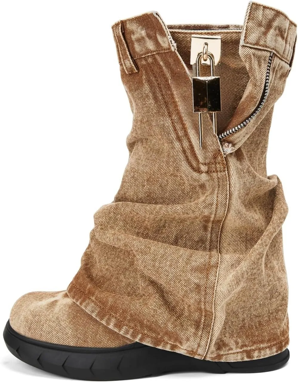 Denim Boots with Zipper Metal Lock for Women,Fashion Vintage Women's Round Toe Blue Jeans Mid Calf Chunky Platform Booties Chunky Long Boots Padlock Boots with Side Zipper Western Cowboy fold Denim Trouser Thigh High Boots