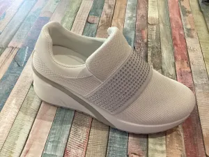 Diamanté wedge slip on trainer - white YD99