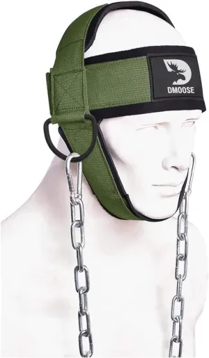 DMoose Fitness Neck Harness for Weight Lifting - Adjustable Head & Chin Strap with 30" Heavy Duty Steel Chain - Neck Exerciser, Trainer & Strengthener to Support Injury Recovery & Intense Workouts
