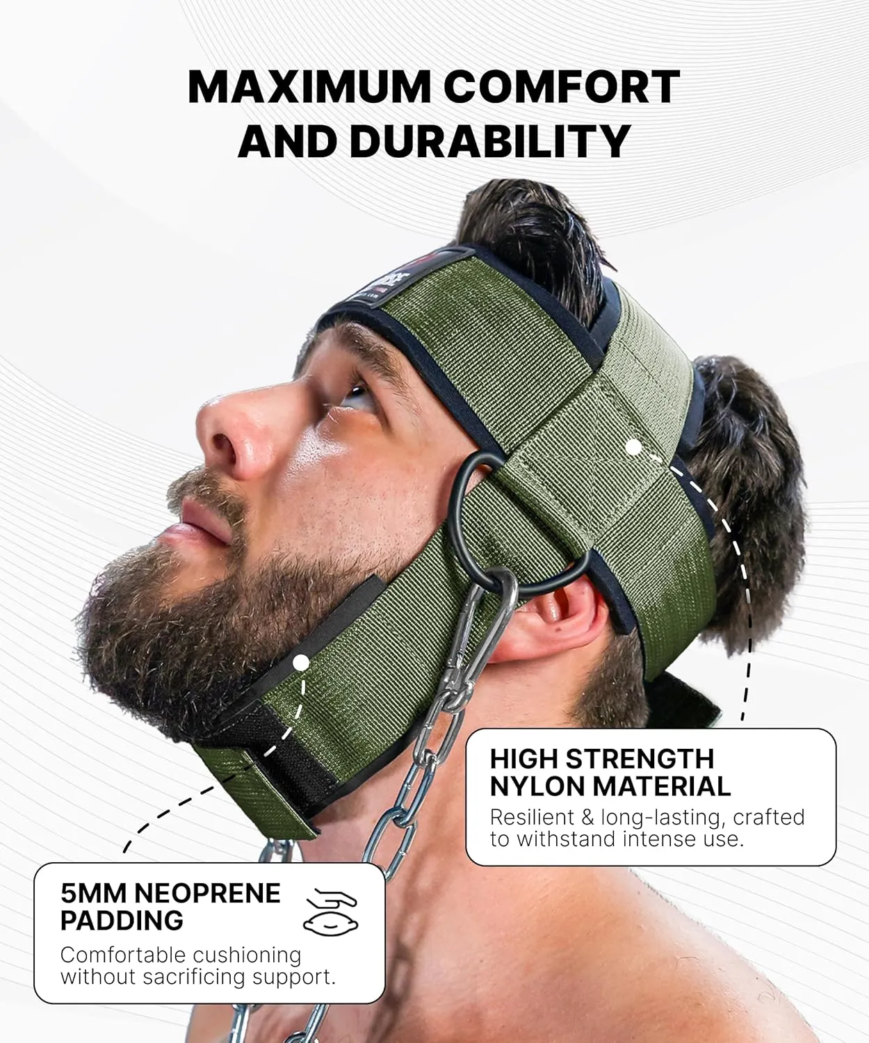DMoose Fitness Neck Harness for Weight Lifting - Adjustable Head & Chin Strap with 30" Heavy Duty Steel Chain - Neck Exerciser, Trainer & Strengthener to Support Injury Recovery & Intense Workouts