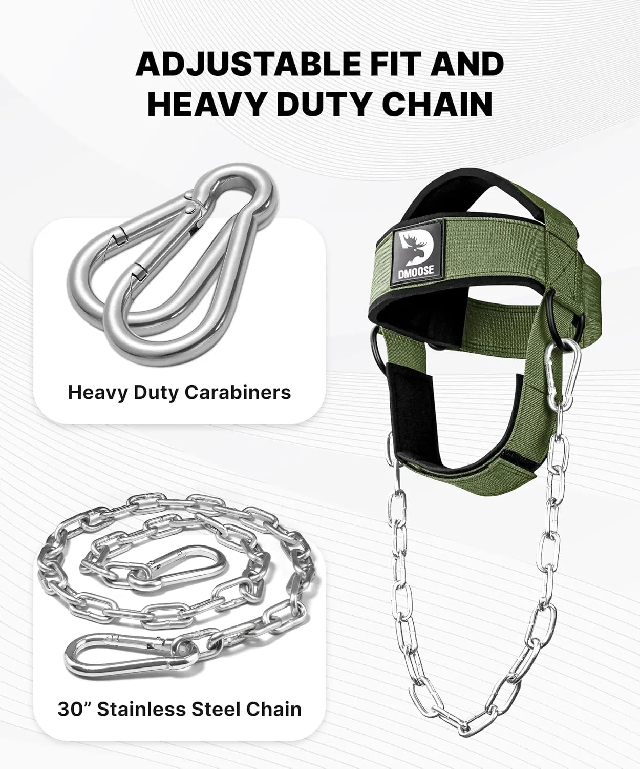 DMoose Fitness Neck Harness for Weight Lifting - Adjustable Head & Chin Strap with 30" Heavy Duty Steel Chain - Neck Exerciser, Trainer & Strengthener to Support Injury Recovery & Intense Workouts