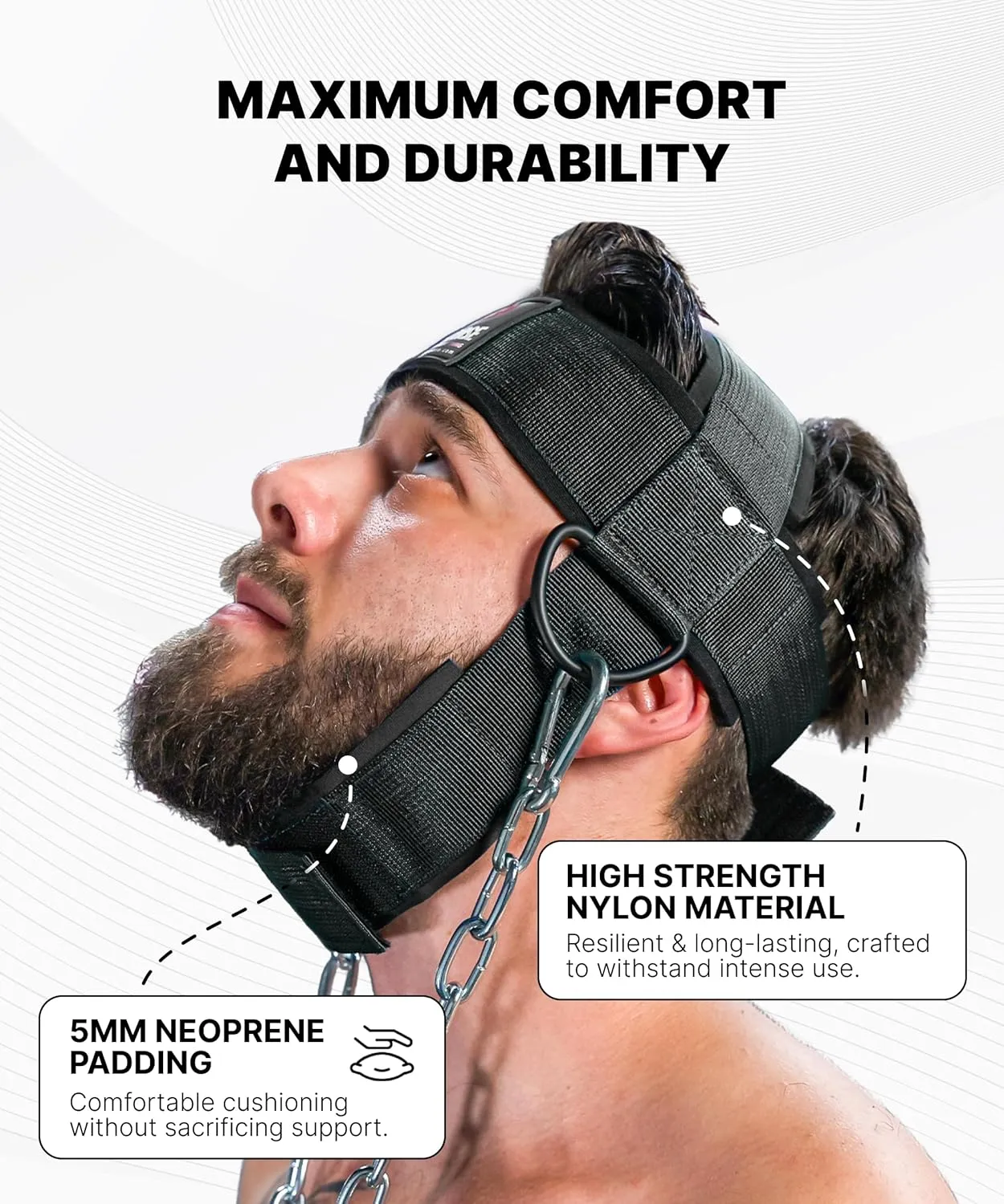 DMoose Neck Harness for Weight Lifting - 30" Heavy Duty Steel Chain - Neck Exerciser, Trainer & Strengthener for Injury Recovery Support & Workout- Adjustable Head & Chin Strap