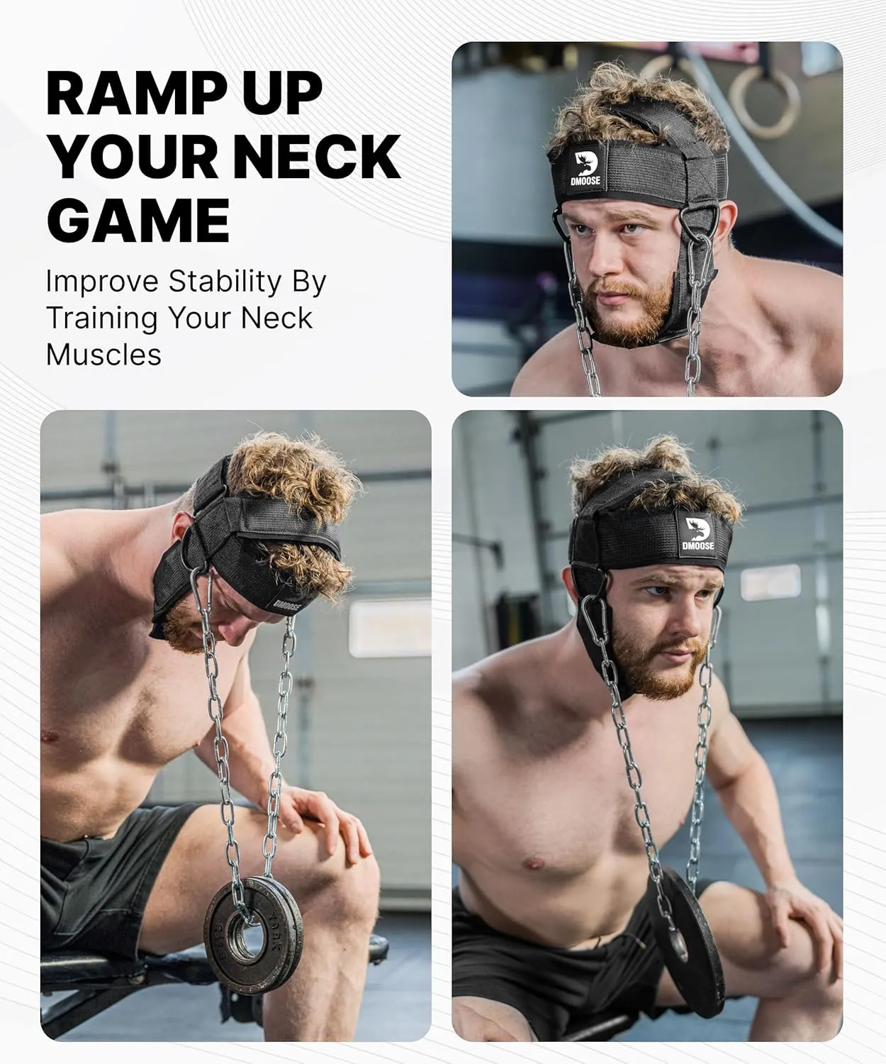 DMoose Neck Harness for Weight Lifting - 30" Heavy Duty Steel Chain - Neck Exerciser, Trainer & Strengthener for Injury Recovery Support & Workout- Adjustable Head & Chin Strap