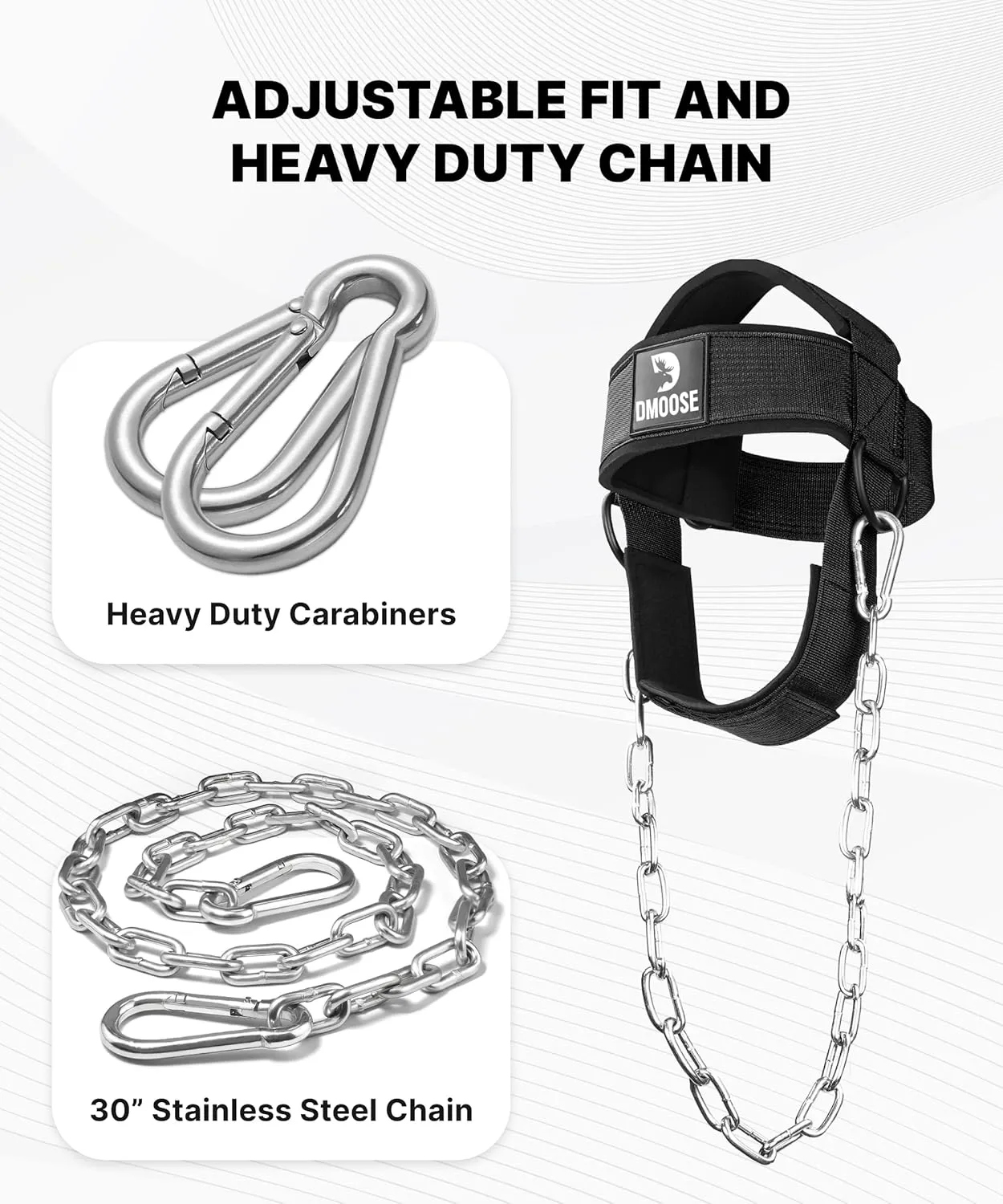 DMoose Neck Harness for Weight Lifting - 30" Heavy Duty Steel Chain - Neck Exerciser, Trainer & Strengthener for Injury Recovery Support & Workout- Adjustable Head & Chin Strap