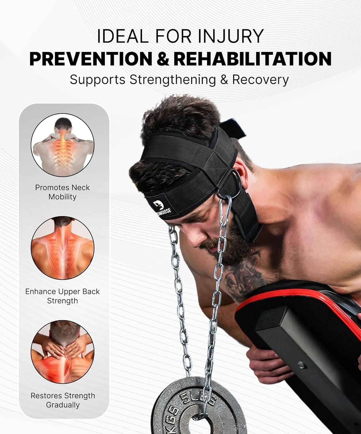 DMoose Neck Harness for Weight Lifting - 30" Heavy Duty Steel Chain - Neck Exerciser, Trainer & Strengthener for Injury Recovery Support & Workout- Adjustable Head & Chin Strap