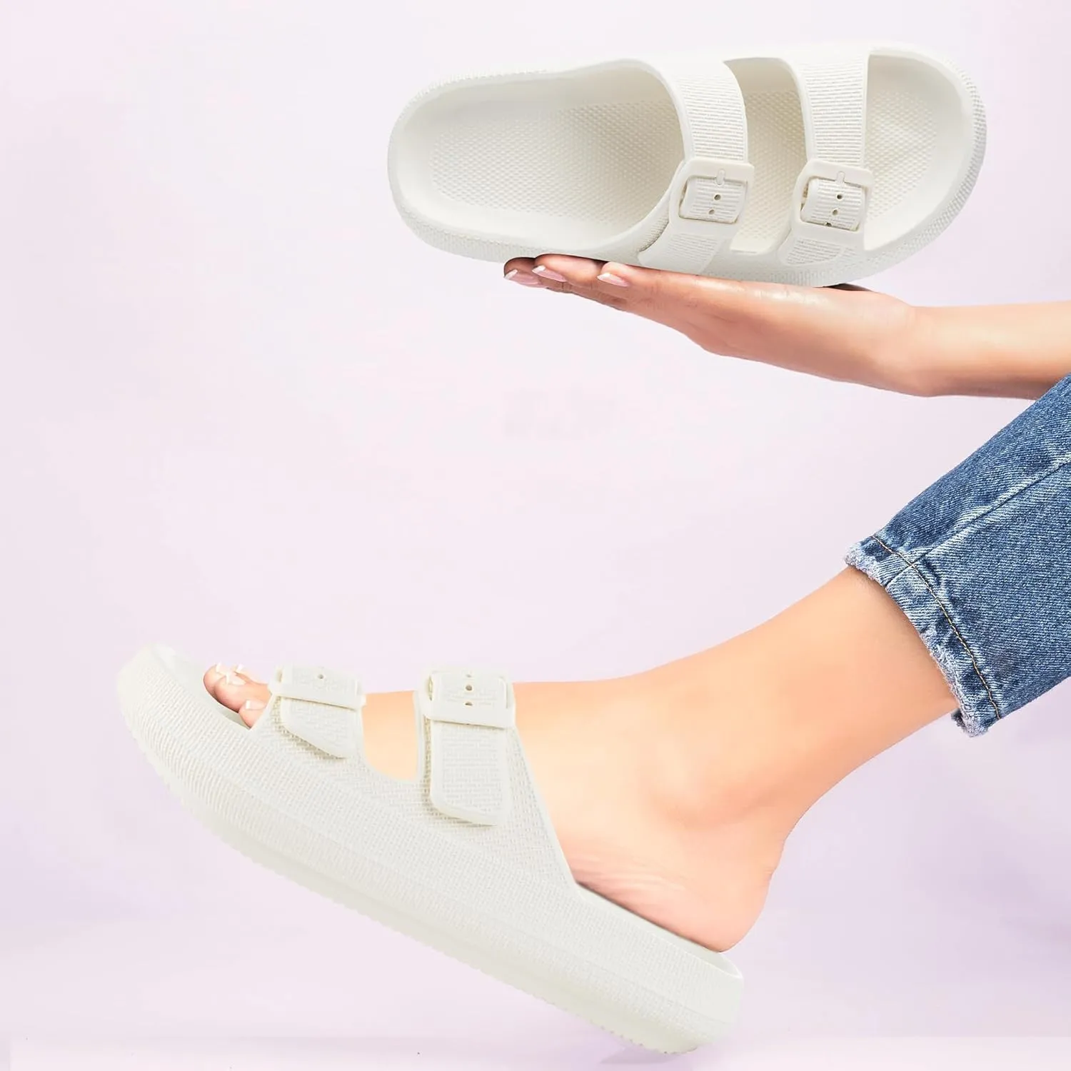 Dodow Womens Slide Sandals Adjustable Soft Cloud Comfort Slip On Flat Sandals