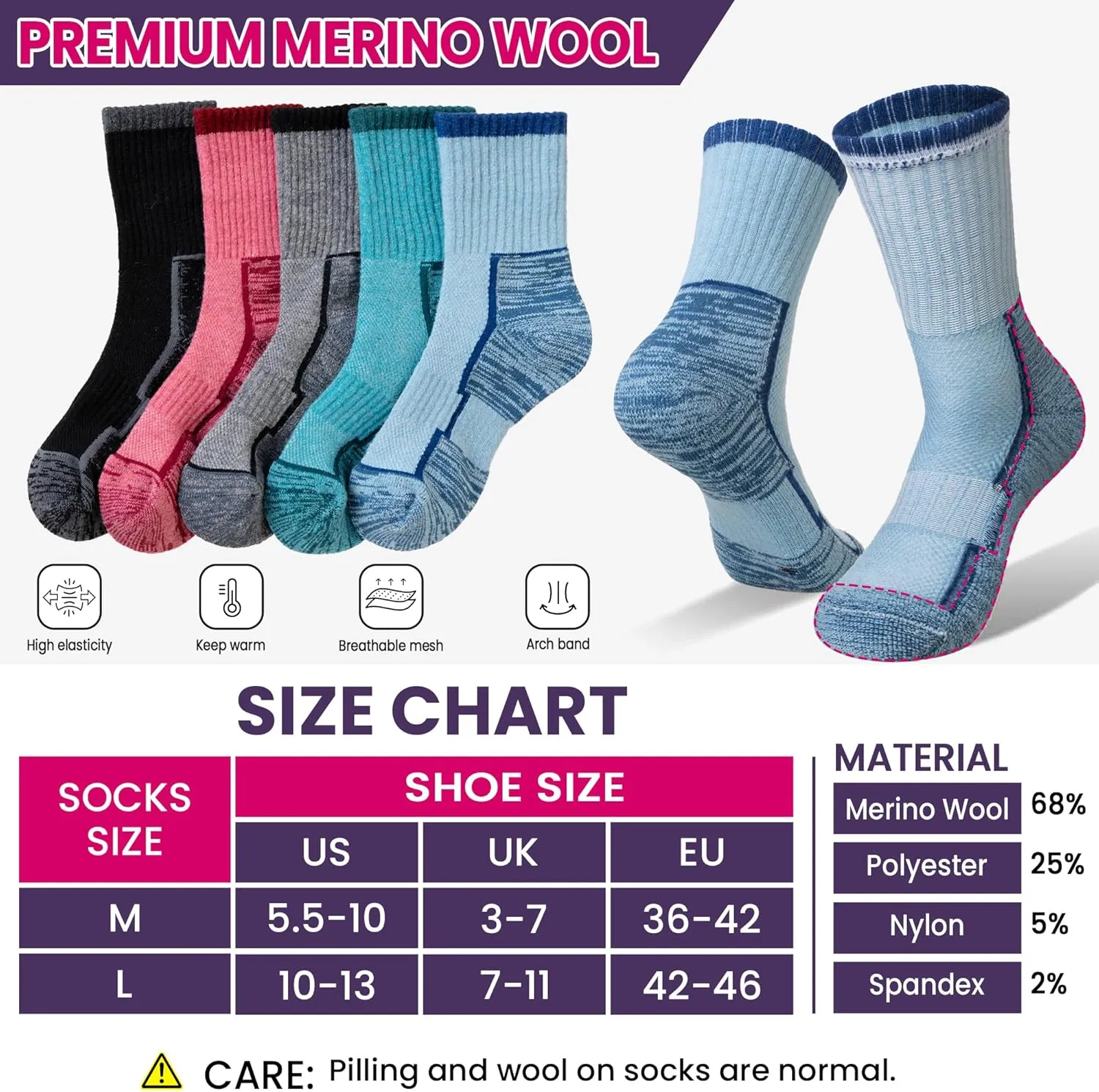 DoSmart Merino Wool Hiking Socks for Women Thermal Winter Warm Moisture Wicking Boot Work Cushion Gift Socks 5 Pairs