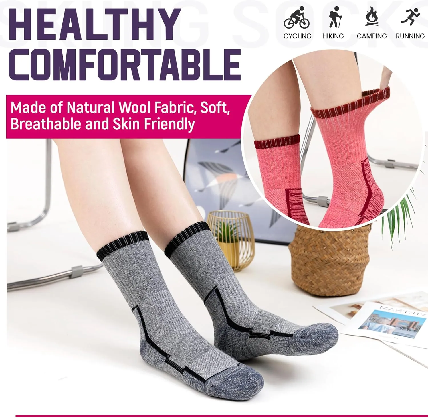 DoSmart Merino Wool Hiking Socks for Women Thermal Winter Warm Moisture Wicking Boot Work Cushion Gift Socks 5 Pairs