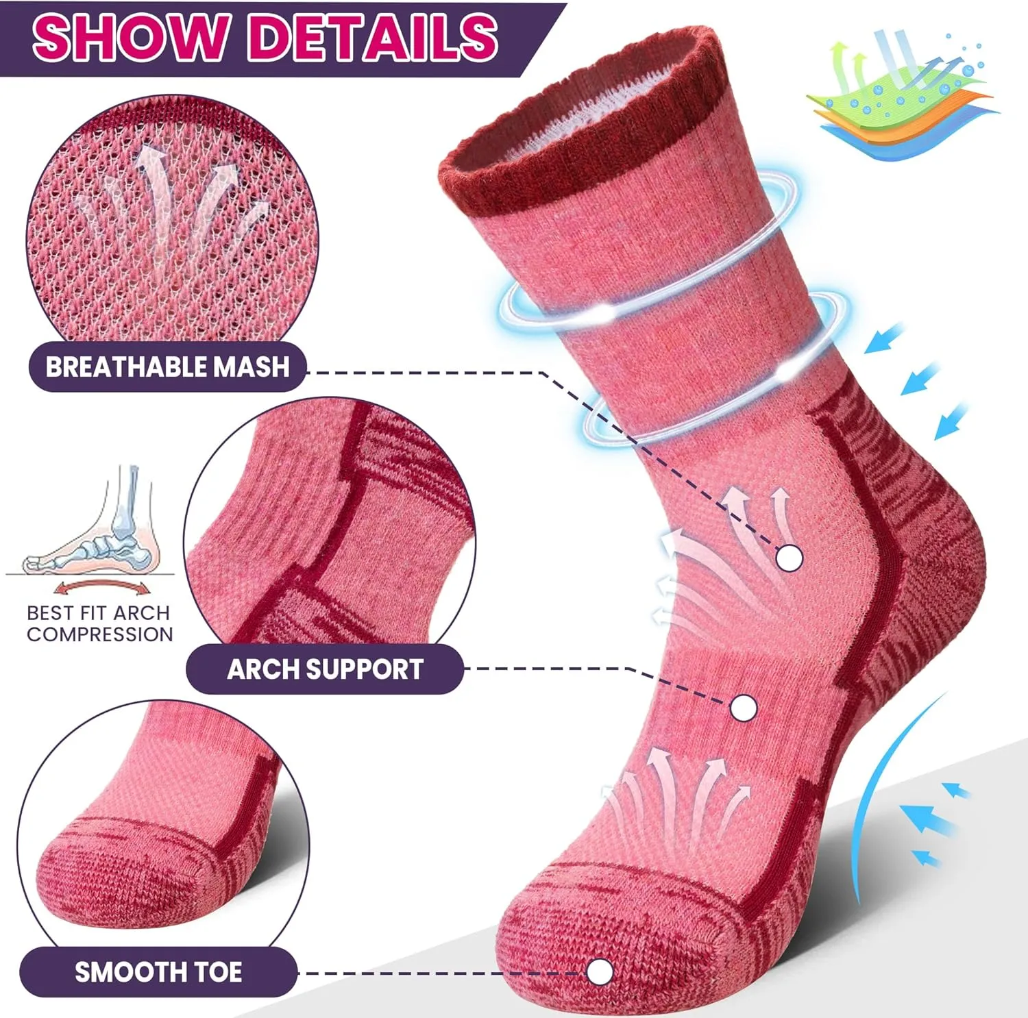 DoSmart Merino Wool Hiking Socks for Women Thermal Winter Warm Moisture Wicking Boot Work Cushion Gift Socks 5 Pairs