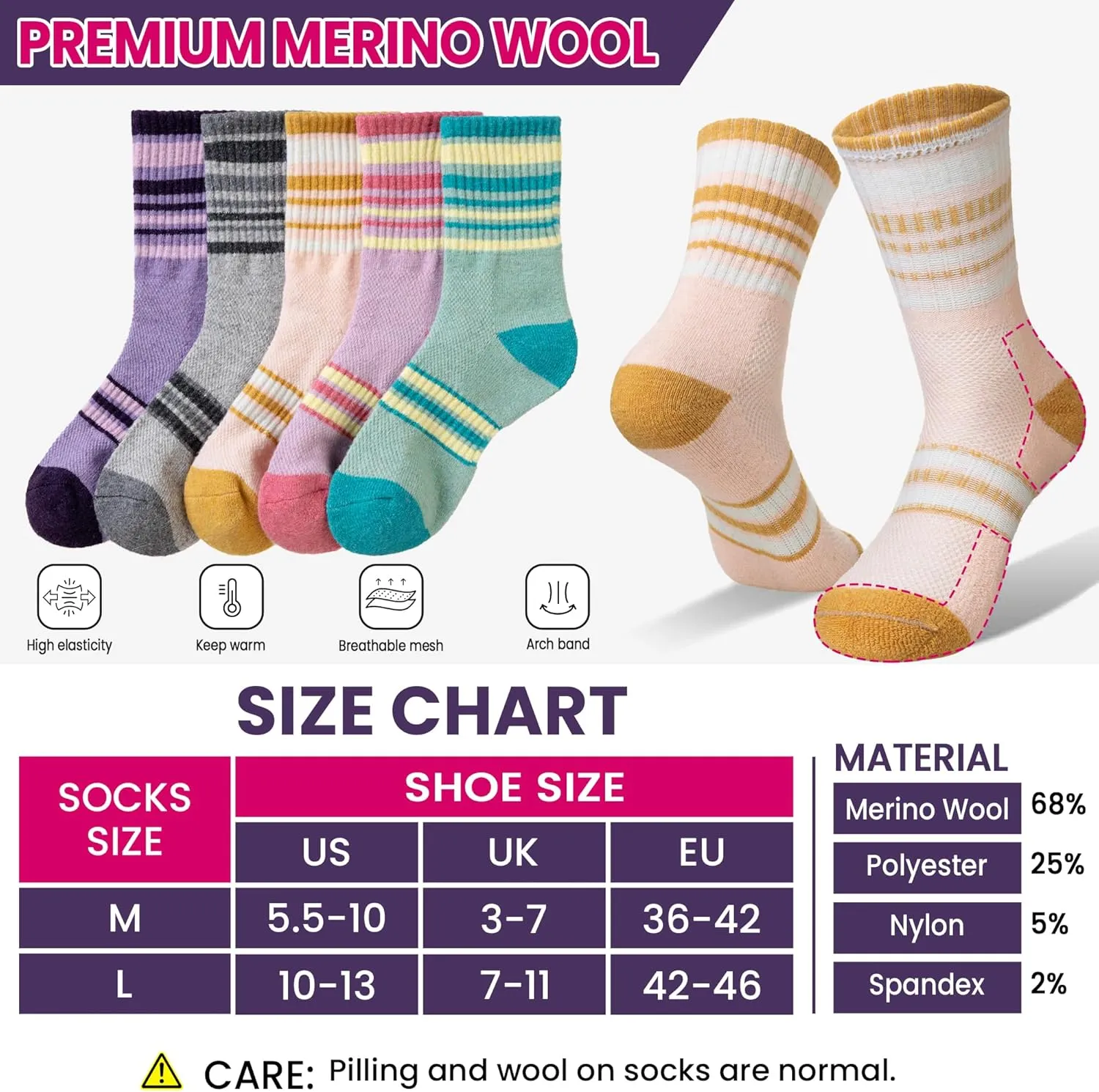 DoSmart Merino Wool Hiking Socks for Women Thermal Winter Warm Moisture Wicking Boot Work Cushion Gift Socks 5 Pairs