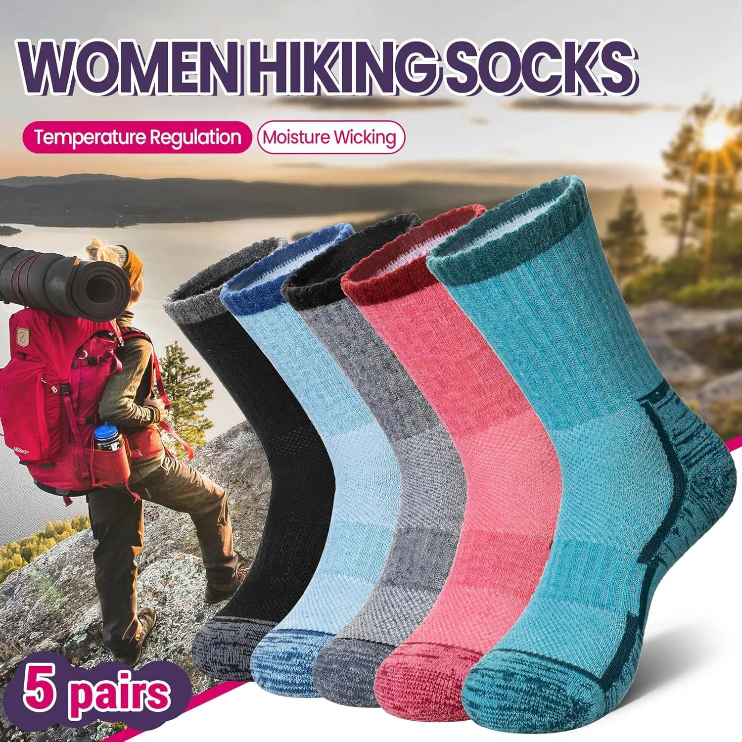 DoSmart Merino Wool Hiking Socks for Women Thermal Winter Warm Moisture Wicking Boot Work Cushion Gift Socks 5 Pairs