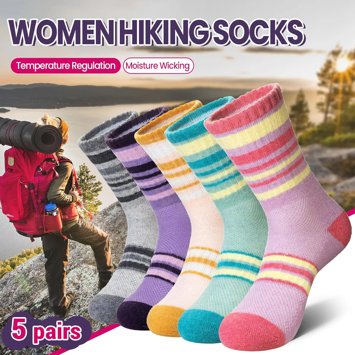 DoSmart Merino Wool Hiking Socks for Women Thermal Winter Warm Moisture Wicking Boot Work Cushion Gift Socks 5 Pairs