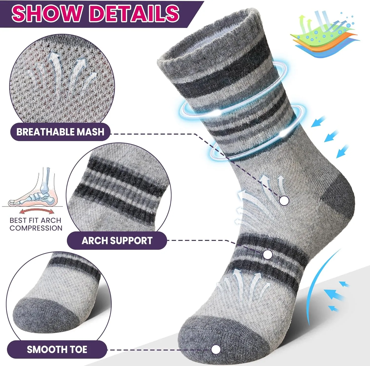 DoSmart Merino Wool Hiking Socks for Women Thermal Winter Warm Moisture Wicking Boot Work Cushion Gift Socks 5 Pairs