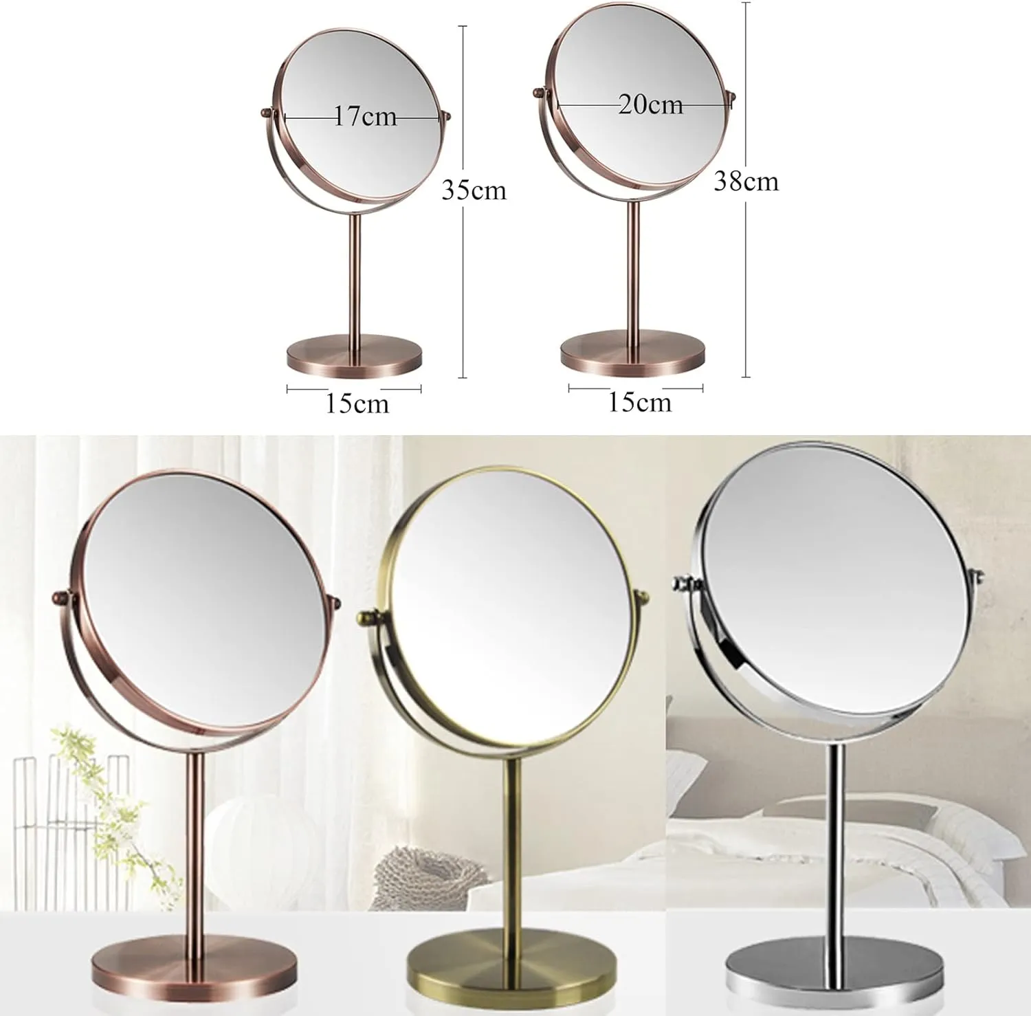 Double Sided Round Magnifying Mirror,Make Up Mirror Pedestal Table Mirror For Bathroom Bedroom, Double Sided Magnifying Makeup Mirror, Portable Desktop Makeup Mirror, 360° Swivel, Green Bronze Make-up