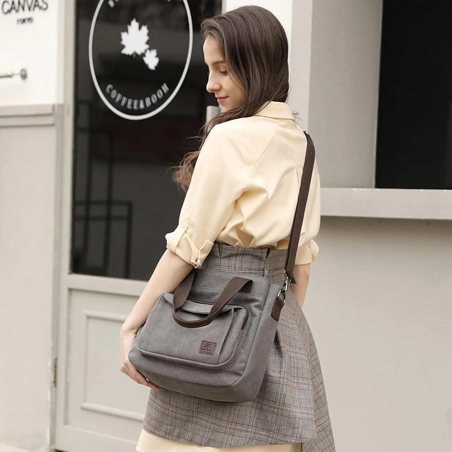 DOURR Canvas Cotton Top Handle Crossbody Bags for Women Casual Shoulder Handbag Multi-pocket for Work Going Out