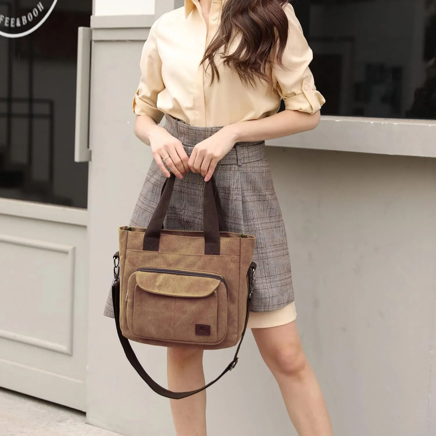 DOURR Canvas Cotton Top Handle Crossbody Bags for Women Casual Shoulder Handbag Multi-pocket for Work Going Out