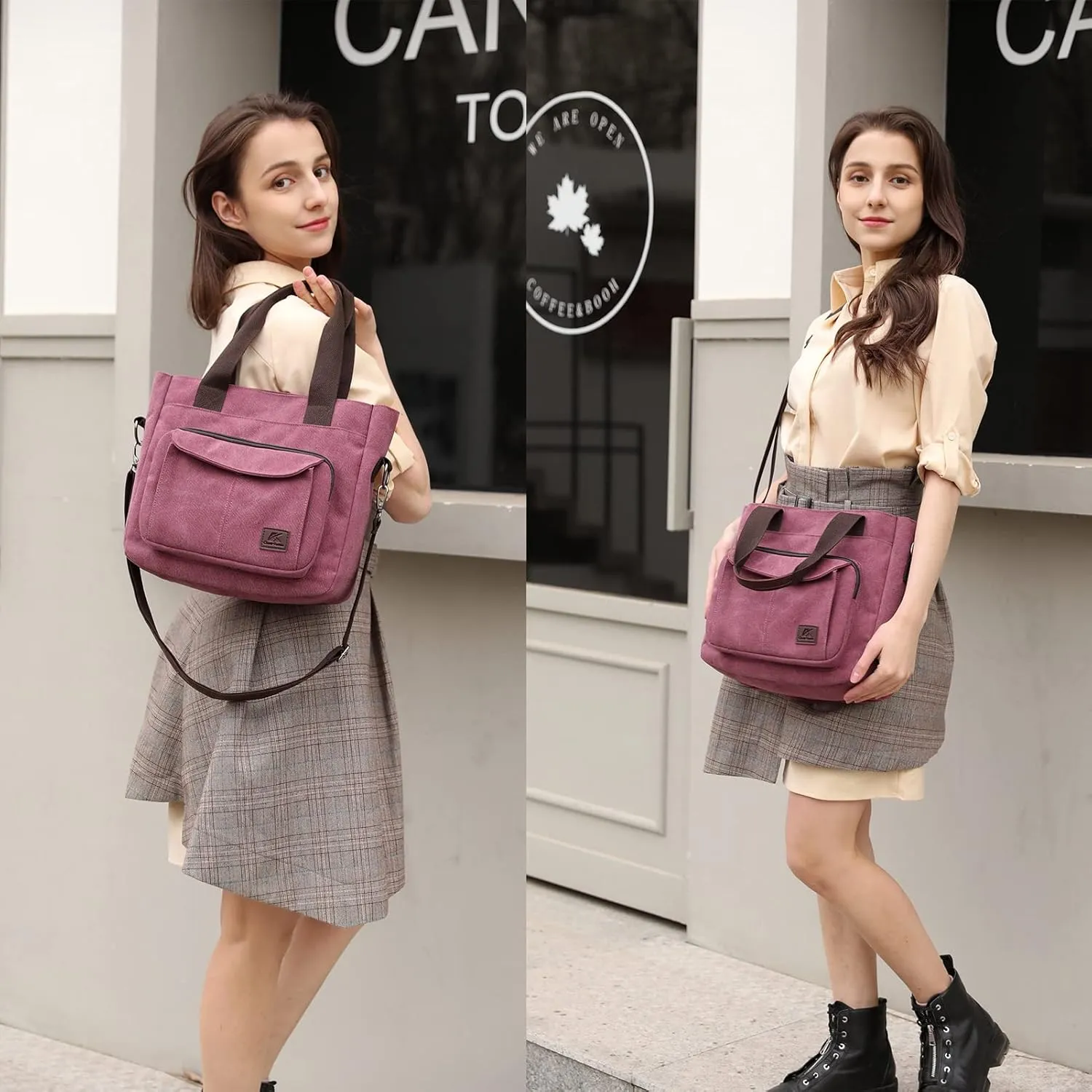 DOURR Canvas Cotton Top Handle Crossbody Bags for Women Casual Shoulder Handbag Multi-pocket for Work Going Out
