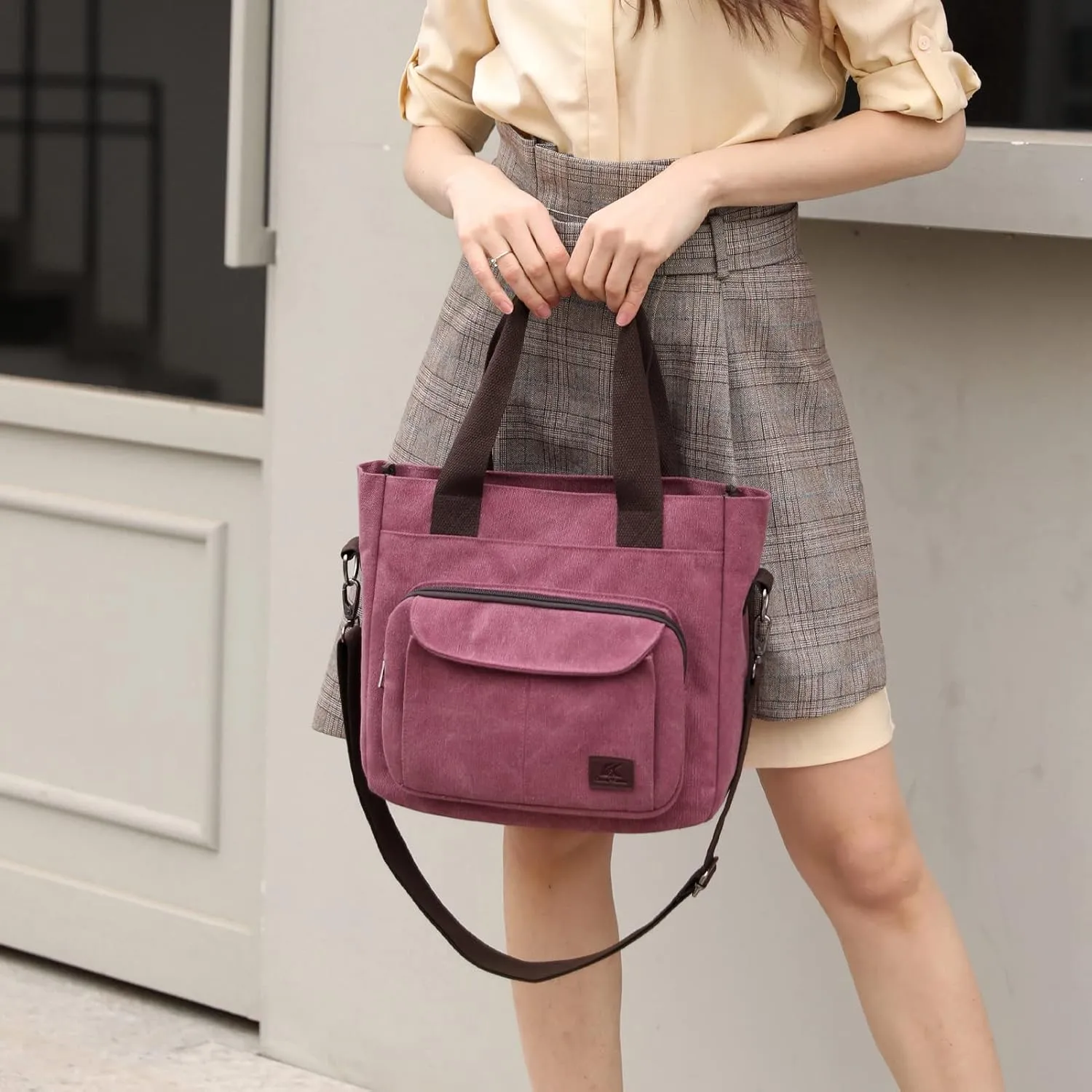 DOURR Canvas Cotton Top Handle Crossbody Bags for Women Casual Shoulder Handbag Multi-pocket for Work Going Out