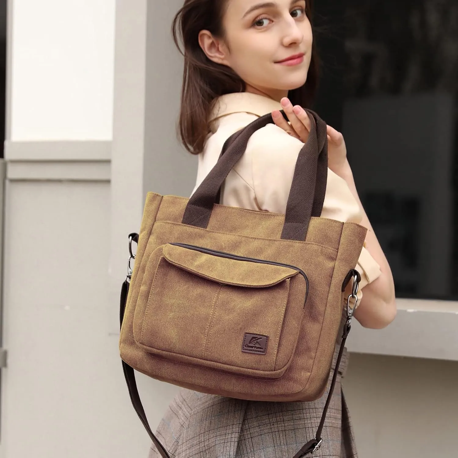 DOURR Canvas Cotton Top Handle Crossbody Bags for Women Casual Shoulder Handbag Multi-pocket for Work Going Out