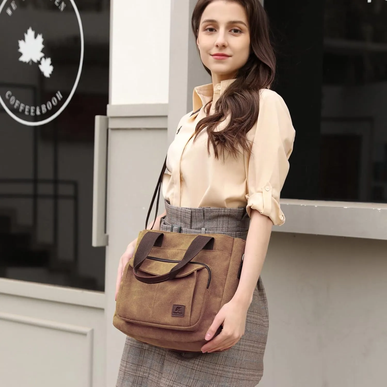 DOURR Canvas Cotton Top Handle Crossbody Bags for Women Casual Shoulder Handbag Multi-pocket for Work Going Out