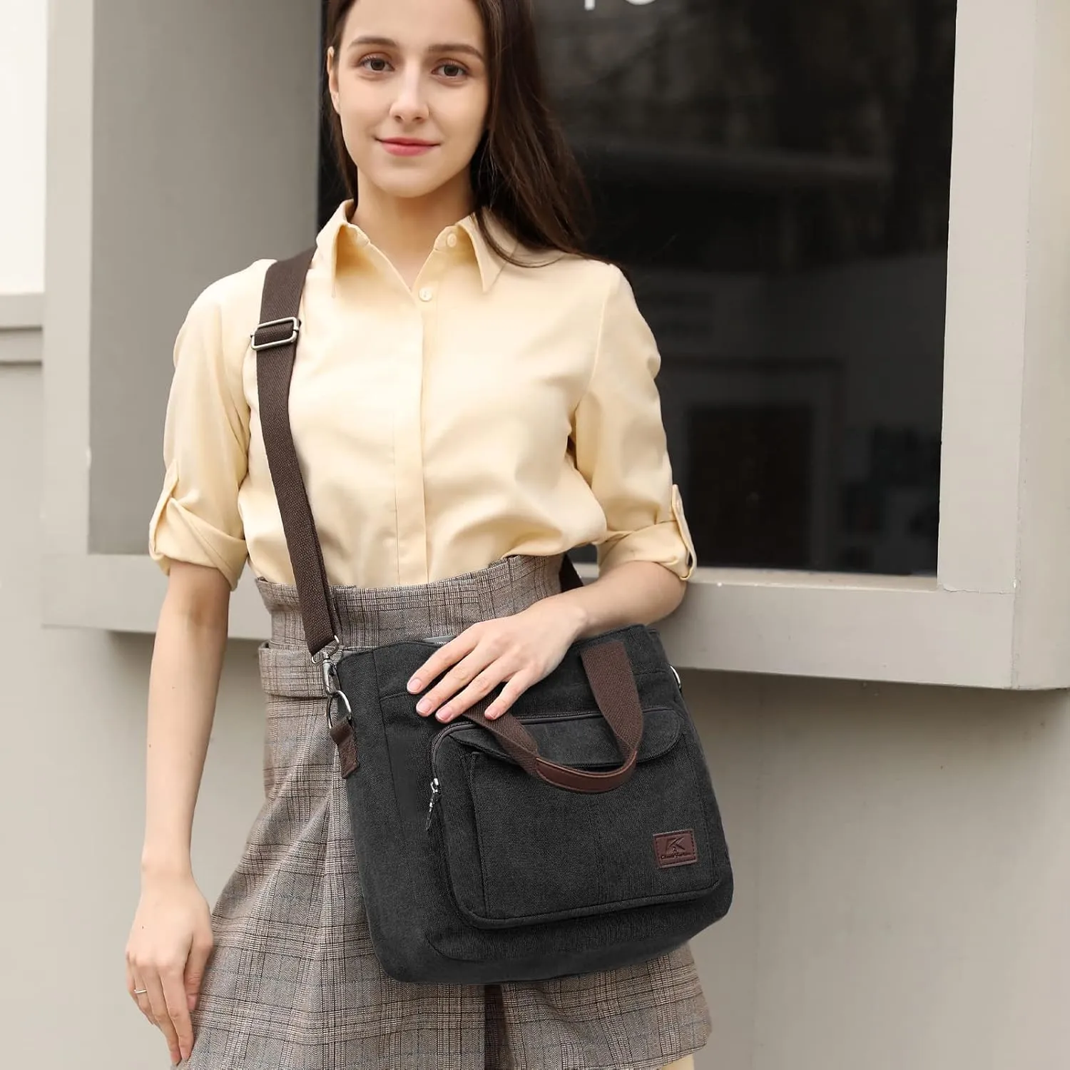 DOURR Canvas Cotton Top Handle Crossbody Bags for Women Casual Shoulder Handbag Multi-pocket for Work Going Out