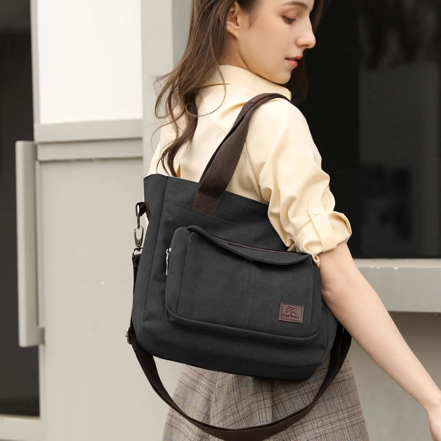 DOURR Canvas Cotton Top Handle Crossbody Bags for Women Casual Shoulder Handbag Multi-pocket for Work Going Out