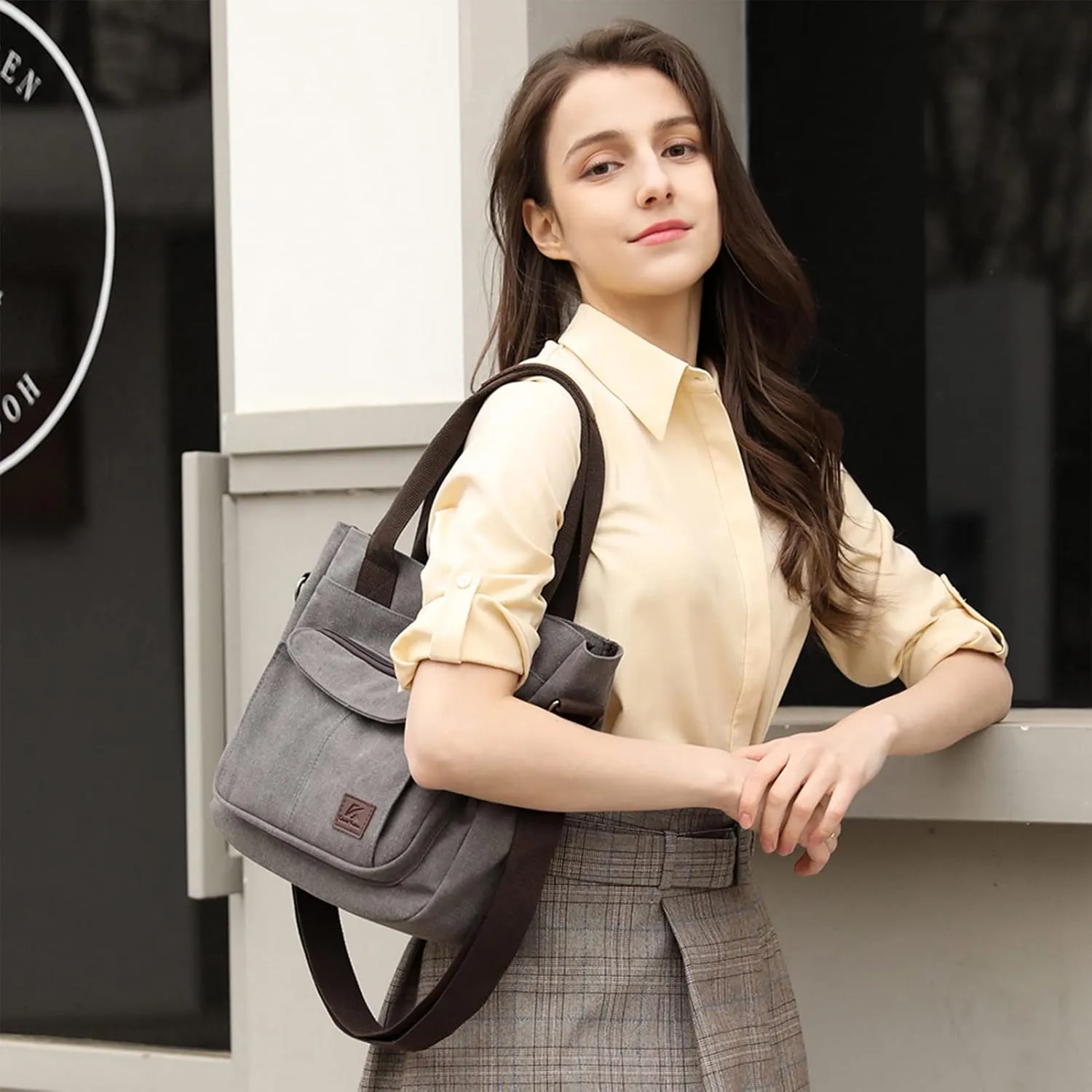 DOURR Canvas Cotton Top Handle Crossbody Bags for Women Casual Shoulder Handbag Multi-pocket for Work Going Out