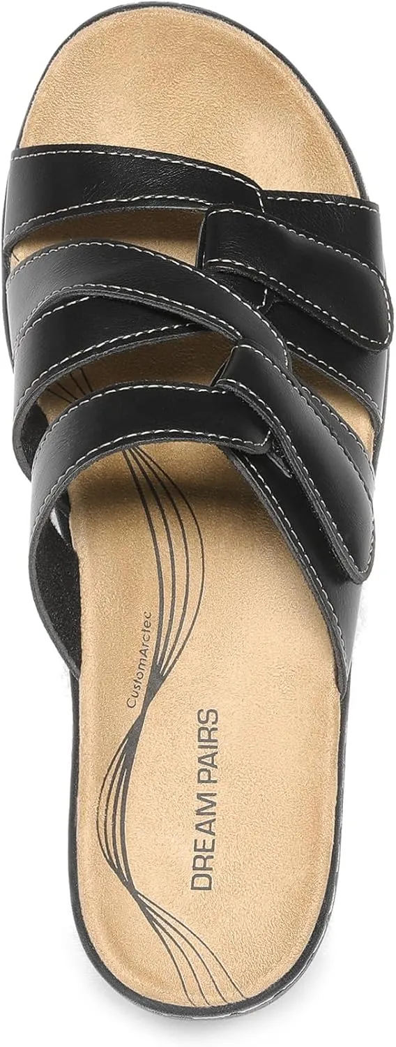 DREAM PAIRS Women's Arch Support Slide Sandals Adjustable Straps Slip On Wedge Sandals Casual Comfort Lightweight Flat Slides