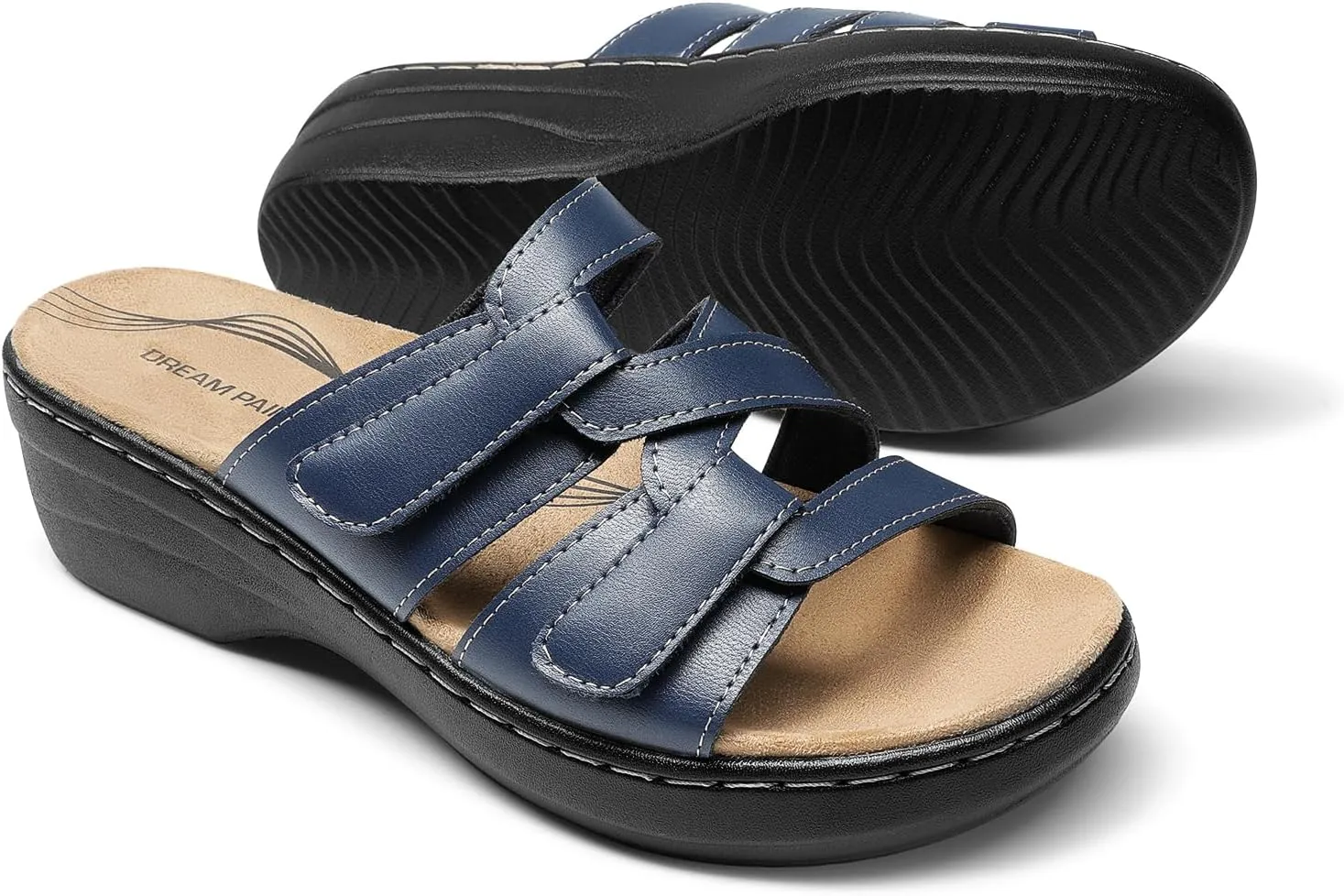 DREAM PAIRS Women's Arch Support Slide Sandals Adjustable Straps Slip On Wedge Sandals Casual Comfort Lightweight Flat Slides