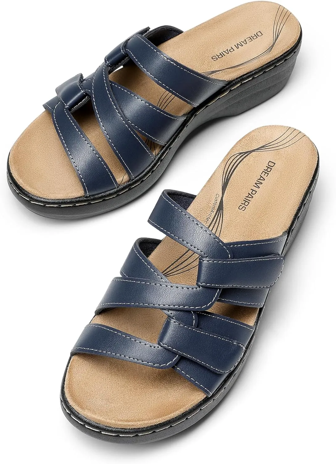 DREAM PAIRS Women's Arch Support Slide Sandals Adjustable Straps Slip On Wedge Sandals Casual Comfort Lightweight Flat Slides